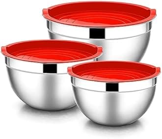 E-far Mixing Bowls with Lids, 6-Piece Stainless Steel Salad Bowls Metal Nesting Bowls for Baking Cooking and Prepping, Airtight Lids & Stackable Design, Size 4.5, 3, 1.5 QT (Red)