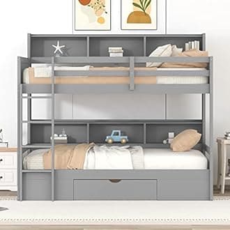 Twin Size Bunk Bed with Storage Drawer and Built-in Shelves Beside Bed, Wood Bunk Bed Frame with Safety Guardrail for Kids Teens Adults, Multi-Functional Space-Saving Design (Gray-Shelves)