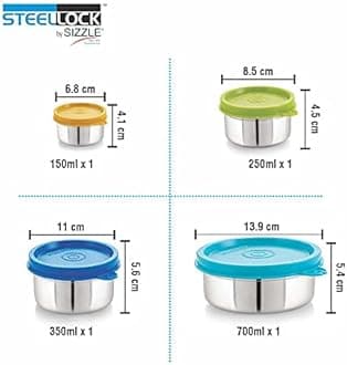STEELLOCK Stainless Steel Airtight Container | Leak Proof Container/Storage/Lunch Box with Lid | BPA Free, Durable & Rust-Proof | SL-11-22-32-42-set of 4, 120ml, 250ml, 500ml & 700ml each, Multicolor