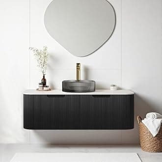 AmbroVania 48" Floating Bathroom Vanity with Sink, Plywood Bathroom Cabinet with Round Crystal Glass Basin and Ultra-Thin Marble Top, 2 Large Soft-Closing Storage Drawers, Pre-Assembled, Gloss Black