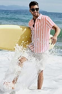 JMIERR Men's Casual Stylish Short Sleeve Button-Up Striped Dress Shirt Cotton Beach Shirts