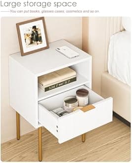 AEPOALUA Nightstand,Morden Bedside Table with Gold Frame,Small White Night Stand,End Table,Bedside Furniture,Side Table with Drawer and Shelf for Bedroom,Living Room (1Drawer, White)