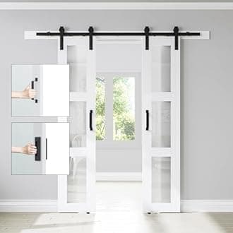 Double 18 x 84in 3-Panel Sliding Barn Door with Frosted Glass and 6.6FT Hardware Kit - Waterproof, Easy Assembly, Pre-Drilled Holes - Suitable for Openings up to 34in x 82in, White
