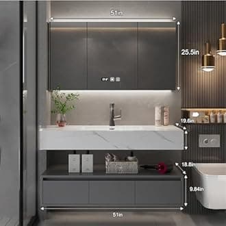 Bathroom Vanity Sink Set - Wall Mounted Floating Vanity Cabinet with Integrated Sink, Intelligent Vanity Mirror with Time Display, LED Lights & Defogging Function, 3 Soft-Close Doors (52IN)