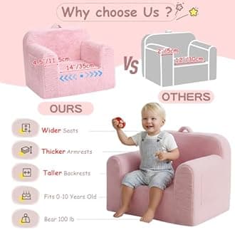 Tiita Toddler Chair Couch, Comfy Fold Out Kids Sofa, Lightweight Children Couch with Carrying Handle & Side Pockets, Kids Foam Armrest Read Sofa for Girl or Boy, Pink