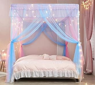 Mengersi Rainbow Canopy Bed Curtains with Lights - Princess Bed Canopy for Girls - Bed Drapes Netting- Bedroom Decoration Accessories,Queen