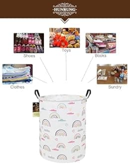 HUNRUNG Laundry Hamper,Large Canvas Fabric Lightweight Storage Basket Toy Organizer Dirty Clothes Collapsible Waterproof for College Dorms（Round-Rainbow）