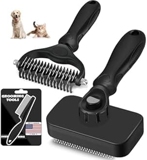 3PCS Self Cleaning Slicker Brush & Pet Grooming Rake & Flea Comb for Dogs,Cats and Horses | Double-Sided Dematting Comb & Skin Friendly Deshedding Grooming Tool | Premium Pet Supplies (Black)