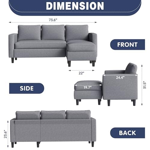 Shintenchi Small Sectional Couch Sofas, L Shape Sofa with Ottoman, Fabric Upholstered Convertible Sofa Couches, Small Couch for Apartments, Living Room and Office (Dark Grey)