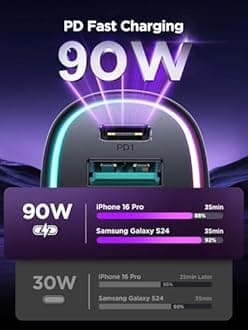 Car Charger USB C, 4-Port 90W Super Fast Charging for iPhone 17 Car Adapter, Dual PD 45W Type C & QC 3.0 USB A Multiport Cigarette Lighter for iPhone 17 16 15 14 13 12 Pro, iPad, Samsung S25, Android