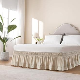 MIYE Wrap Around Ruffled Lace Bed Skirt, Elastic Dust Ruffle with Adjustable Belts, Easy to Put On, Bed Frame Cover, Machine Washable (Embroidered/Cream, Full/Twin-15 Drop)