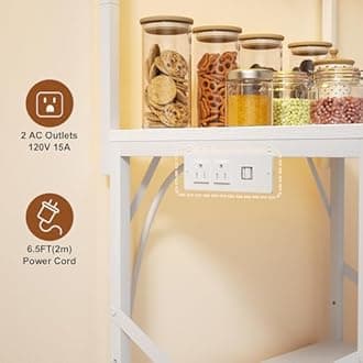 Kitchen Bakers Rack with Power Outlet & LED Lights, Small Coffee Bar Table with Adjustable Storage Shelf, 4 Tiers Microwave Stand with 8 Hooks, Coffee Station for Appliance Organizer, White