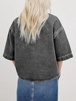 Imily Bela Womens Oversized Short Sleeve Denim Jackets Trendy Cropped Jean Tops Shackets