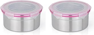 STEELLOCK Stainless Steel Container/Dabba with 4 Side Clip Lock see through Lid for Office & School Use/Food Grade/Air Tight/Easy to Carry/Leak Proof (SL-1502-2pcs X 1950 ml, Pink)