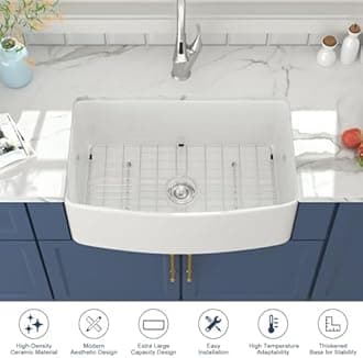 Lordear 30 White Farm Sink 30x19 inch Farmhouse Sink White Fireclay Ceramic Porcelain Curved Apron Front Single Bowl Farm Kitchen Sinks Basin