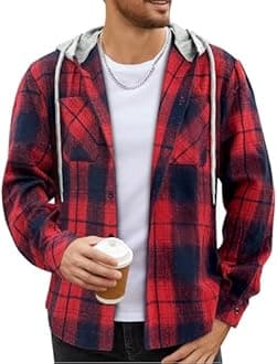COOFANDY Men's Flannel Hoodie Plaid Shirt Long Sleeve Button Down Casual Shirt Jacket Lightweight Fall Shacket