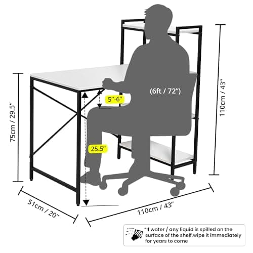 ABOUT SPACE Computer Table for Home-4 Tier Storage Study Table for Students,Adults Work Table for Home Office Laptop,Desktop W/Bottom Storage(White-L 110Xb 51Xh 110 Cm)-Engineered Wood,Matte