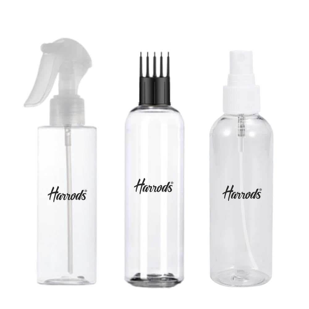 Clear Refillable Spray & Applicator Bottle Set 200ml(Pack of 3)| Fine Mist and Trigger Spray & Oil Applicator Comb Bottle | Water, Styling & Liquid Use