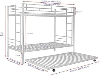 S. K. MODERN ART Metal Bunk Bed for Adults with Trundle Without Mattress (White Powder Coated, 3 x 6.5 feet)