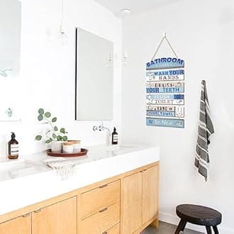 KAIRNE Bathroom Decorations,Blue Bathroom Rules Wooden Sign for Toilet,Wash Your Hands Brush Your Teeth Rustic Hanging Wood Plauqe