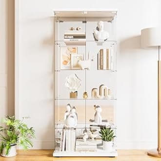 Glass Display Cabinet 5-Shelf with Door, Lock and Mirror,4mm Tempered Glass Floor-to-Ceiling Glass Bookcase for Bedroom, Living Room, White