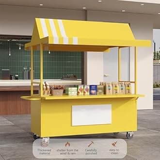 Mobile Cart with Wheels Selling Food, Vending Iron Cart with Canopy, Customizable Logo, for Street Food, Handicrafts, Snacks(Yellow)