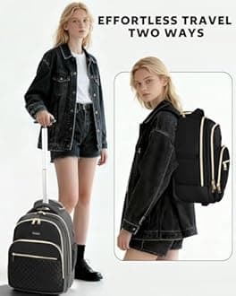 Small Rolling Backpack for Women, Lightweight Travel Backpack with Wheels, Convertible Carry On Luggage, Black, 15.6 inch