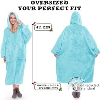 Winkcao Oversized Wearable Blanket Hoodie Women Men Adults, Extra Thick Warm Fleece Hoodie Blanket Women with Giant Hood & Pocket, Cozy Hooded Blanket Women as Gifts for Her, Teal