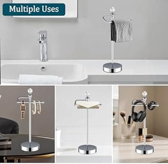 Bath Hand Towel Holder Standing, Stainless Steel Stable Free-Standing Towel Bar for Bathroom Kitchen Countertop, Rustic Towel Ring Stand with Crystal Ball 15.7” H (Polished Chrome, 2 Pack)