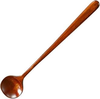 Long Soup Spoons, 1 Pieces Korean Style 11 Inches 100% Natural Wood Long Handle Round Spoons for Soup Mixing Stirrer Kitchen Tools Utensils