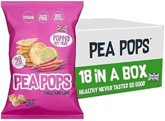 Food Factor Pea Pops Healthy Protein Chips - Delicious Chikpea Crisps 20% Protein Less Fat, Low Calorie, Gluten Free, Vegan Protein Snacks, Popped (Not Fried) 23g (Chilli & Lime, Pack of 18)