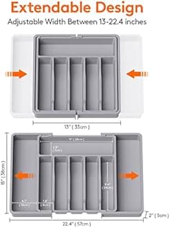 Lifewit Silverware Drawer Organizer, Expandable Utensil Tray for Kitchen, BPA Free Flatware and Cutlery Holder, Adjustable Plastic Storage for Spoons Forks Knives, 2 Pack, Grey