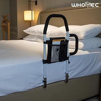 Bed Rails for Elderly Adults Safety-Bed Assist Rail with Double Grab Bars & Fall Prevention Guard & Storage Pocket Fits King, Queen, Full, Twin, Support Up to 300lbs,Height 25.6'' (Double Grab Bars)