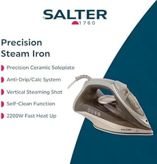 Salter SAL01480 Steam Iron – Precision Tip Ceramic Soleplate, Fast Heat Up, Easy Grip Comfort Ironing, Anti Drip/Calc, Self-Clean Function, Variable Temperature, Vertical Steaming Shot, 230ml, 2200W