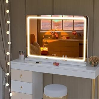 Hasipu Vanity Mirror with Lights, 70 x 52cm LED Makeup Mirror, Dimmable 3 Modes, Touch Control, Wall Mount or Table Top