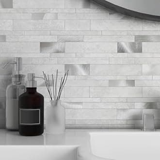 VAOVI Marble Effect Self Adhesive Linear Wall Tiles Metro Brick Stone Tiles,Waterproof Bathroom Wall Panels Matt Heat Resistant Fireplace Peel and Stick Mosaic(Cement Gray,10sheets)