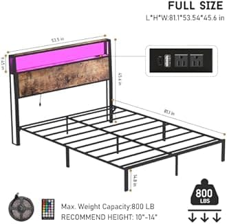 Full Size Bed Frame with 2-Tier Storage Headboard with Charging Station and 12 Color LED Lights,2 Tier Solid Wood Headboard Storage,Noise Free, No Box Spring Needed,Remote Control/Vintage Brown