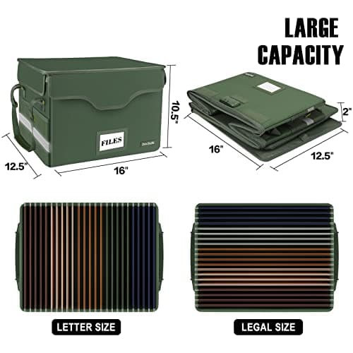 DocSafe Fireproof Document Box with Lock,File Storage Organizer with Pockets,Collapsible Portable File Box Home Office Safe Filing Cabinet with Handle for Hanging Letter/Legal Folders,Green,2 Pack