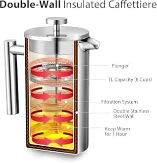 Miuly French Press Coffee Maker, Double Insulated 304 Stainless Steel Coffee Press with 5 Extra Fliters and 3 Additional Coffee Set 34oz(1 Litre) Silver)