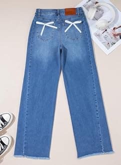 Sidefeel Women's Bowknot Wide Leg Jeans High Waisted Strechy Raw Hem Denim Pants