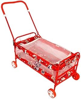 Avani MetroBuzz Baby Cradle Mosquito Net Jhula Palna Stroller Infant & Toddler Beds Born Baby 1-2 Years Babies-Newborn Baby Cotton Baby Sleep Baby Bedding Cradle with Wheels (Red)