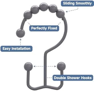 Shower Curtain Hooks Rings, Rust-Resistant Metal Double Glide Shower Hooks for Bathroom Shower Rods Curtains, Set of 12 Hooks - Neutral Gray