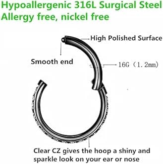 BLESSMYLOVE Clear CZ Nose Rings Hoop 316L Surgical Steel Cartilage Earrings Conch Daith Helix Rook Tragus Lobe Snug Body Piercing Jewelry 20G 18G 16G Stainless Steel Hinged Segment Rings Lip Rings