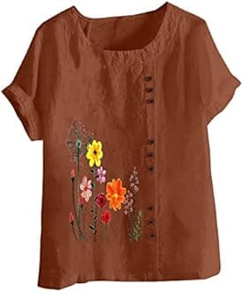 FOCLMP Women Floral Print Linen Shirts Short Sleeve Gauze Tops Loose Fit Cotton Blouses Trendy 2024 Clothing