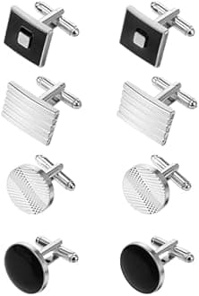 4 Pairs Cufflinks for Men – Classic Silver & Black Cuff Links Set with Round, Square & Rectangle Designs – Men's Cufflinks for Business, Wedding, Formal Events – Fashion Suit Accessories