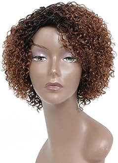 HUA Short Wigs for Black Women Human Hair Ombre Color Kinky Curly Short Brown Wig with bangs Brazilian Colored Curly Human Hair Wig None Lace Front Wigs Glueless