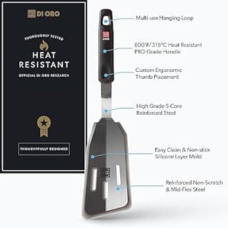 New Di Oro Designer Series Slotted Angled Fish Turner Spatula - Features 600F Heat-Resistant No-Melt Rubber Spatula Handle and Blade - Silicone Kitchen Spatula for Cooking or Baking - Dishwasher Safe