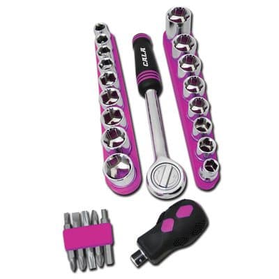 Cala Tools KDE25SBS Ratchet and Bit Driver with Socket and Bits Set, Pink