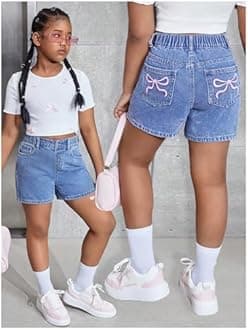 MakeMeChic Girl's Jorts Denim Shorts Bow Embroidery Straight Leg Bermuda Jean Shorts with Pockets