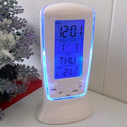 Patel Brand Plastic Multi-Function Digital LED Alarm Clock Calendar Thermometer Display with Backlight Square Electronic Watch for Kids, White.